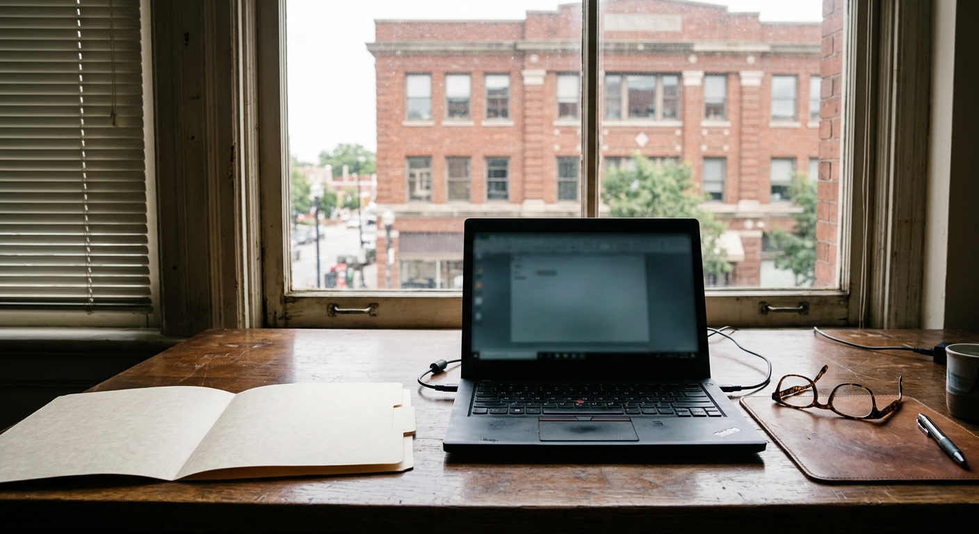 a blank manila folder and a pair of reading glasses resting on a wooden office desk next to an open laptop, with a view of a standard brick office building thro