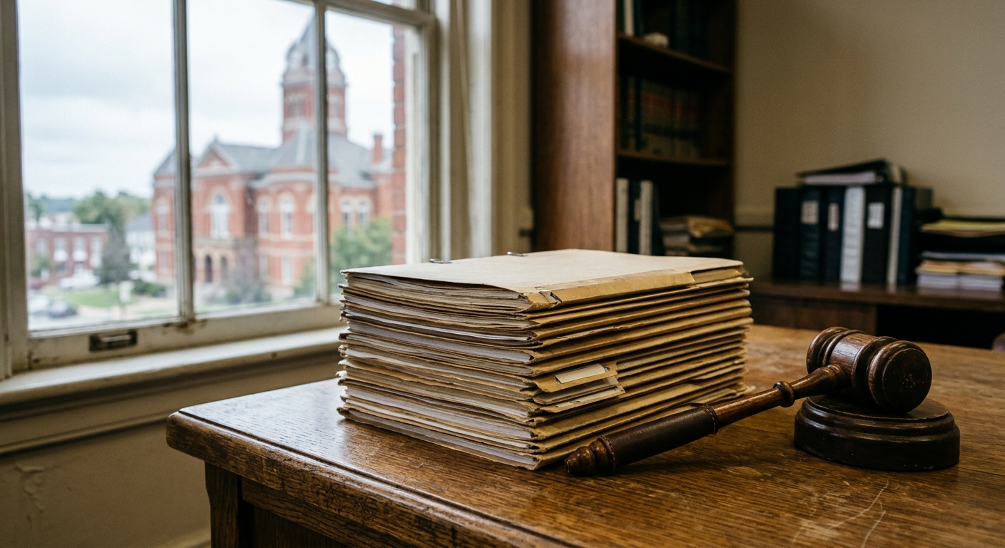 a stack of official manila folders and a wooden gavel resting on a heavy oak desk in a government office, with a blurred view of a classic brick county courthou