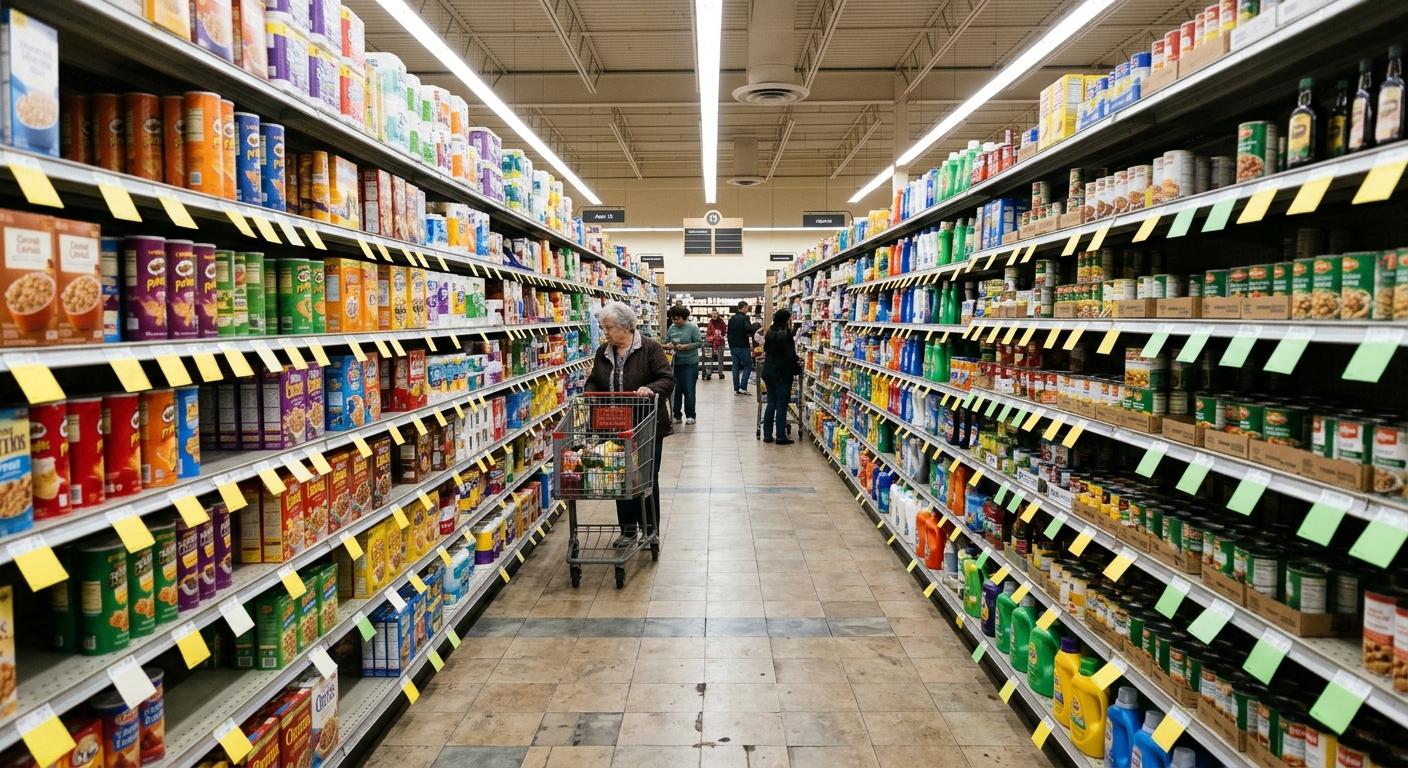a long aisle inside a generic American discount retail store, lined with metal shelves stocked with assorted household essentials, groceries, and colorful blank