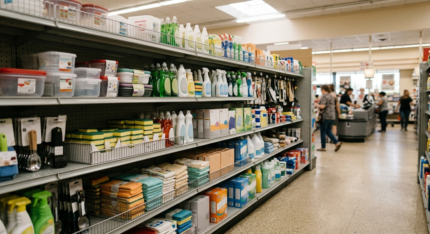 basic household goods stocked on metal shelves in a typical American discount retail store aisle, with an out-of-focus checkout counter in the background, natur