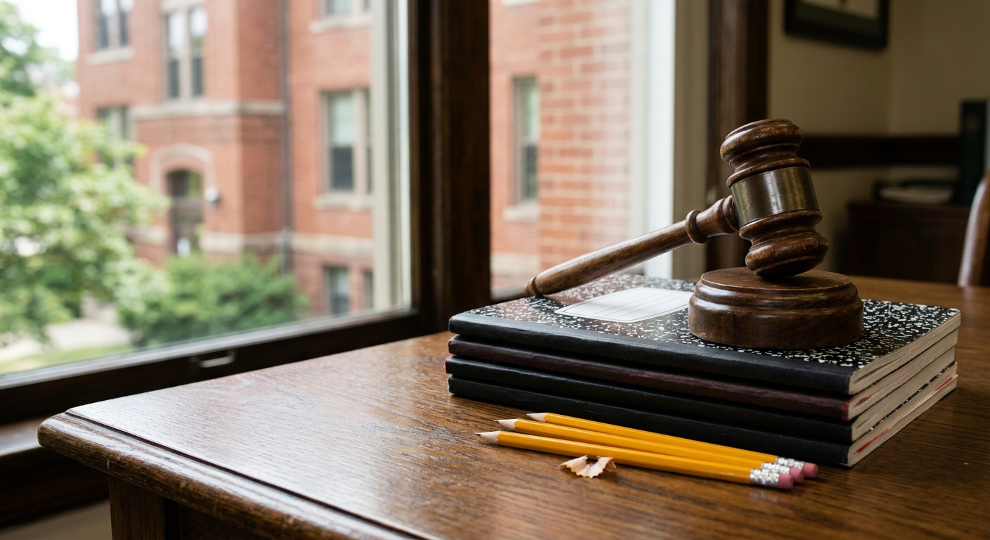a wooden judge's gavel resting on a stack of blank school composition notebooks and yellow pencils on a polished desk, with out-of-focus traditional brick archi