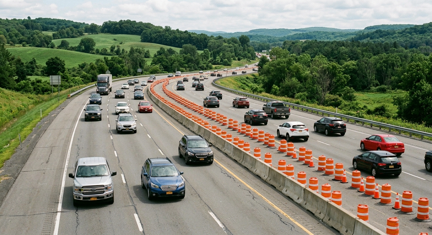 a busy multi-lane highway with concrete dividers and orange construction barrels lining the shoulder, a stream of standard commuter cars and pickup trucks drivi