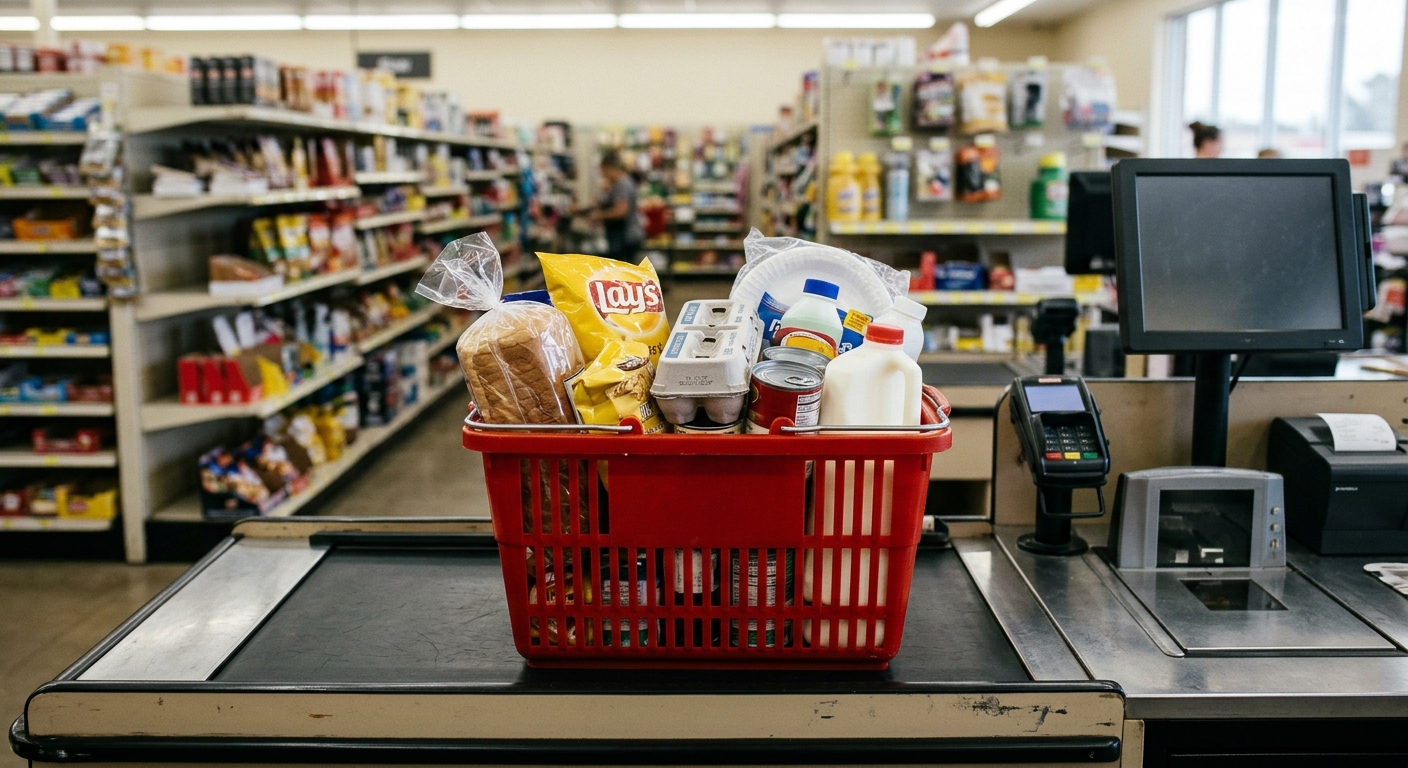 a generic plastic shopping basket filled with everyday household goods resting on a retail checkout counter, with slightly blurred metal store aisles in the bac