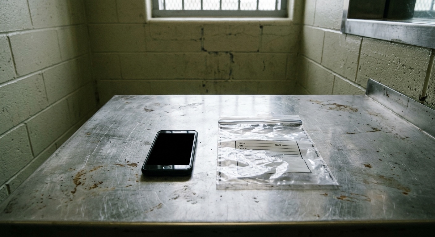 a generic black smartphone lying next to an empty clear plastic evidence bag on a scratched stainless steel table inside a stark institutional room with painted