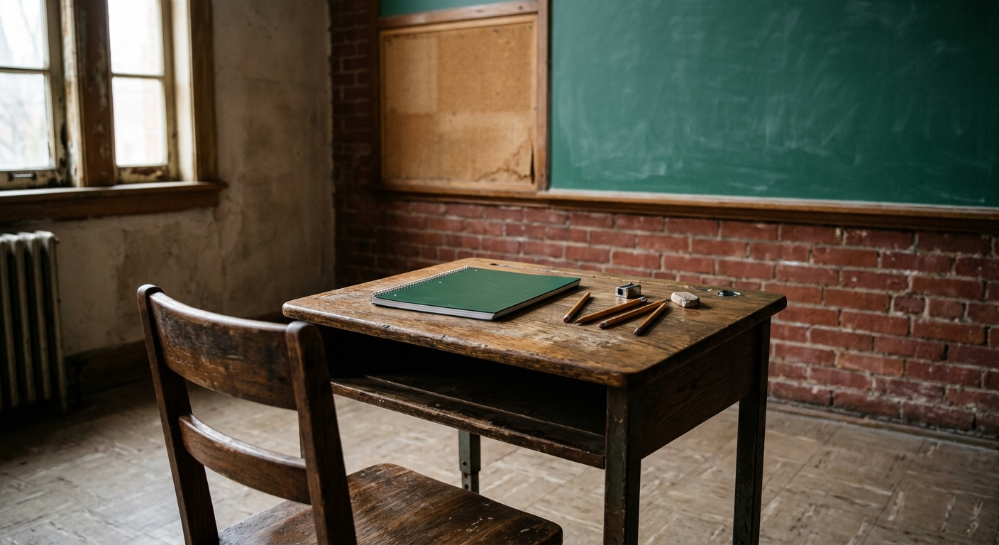 a worn wooden student desk inside an older American public school classroom, featuring a few scattered pencils and a closed notebook, with faded brick walls and