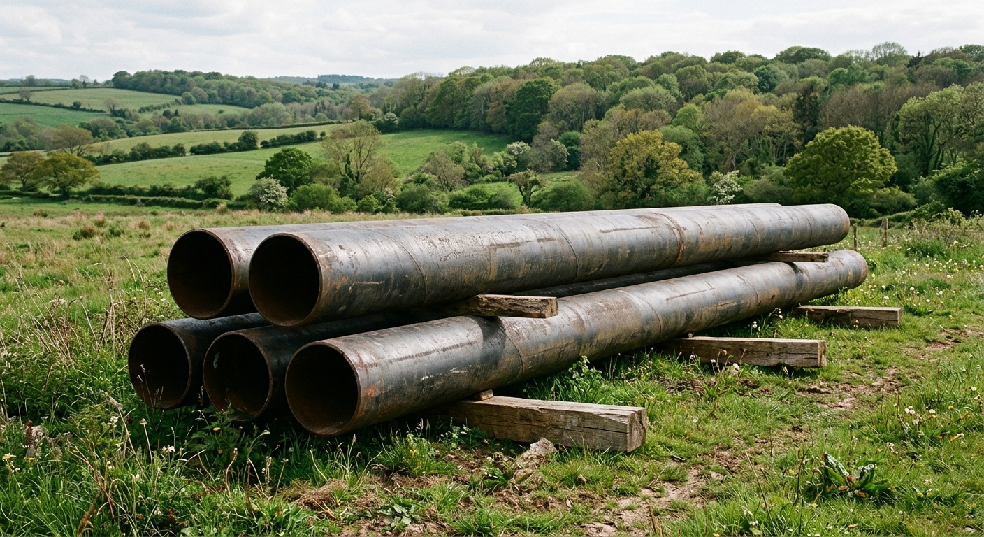 large industrial steel pipes resting on wooden skids in a rural grassy field, surrounded by rolling green hills and deciduous trees, natural everyday lighting,