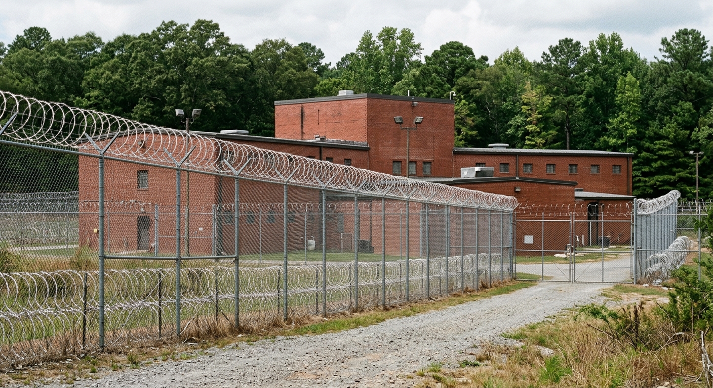 the exterior of a state correctional facility featuring tall chain-link fences topped with coiled razor wire, with a red brick institutional building in the bac
